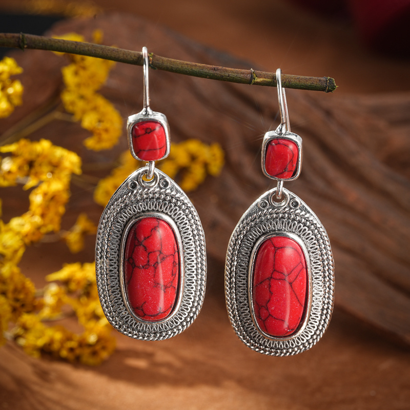 Retro Red Stone Dangle Earrings